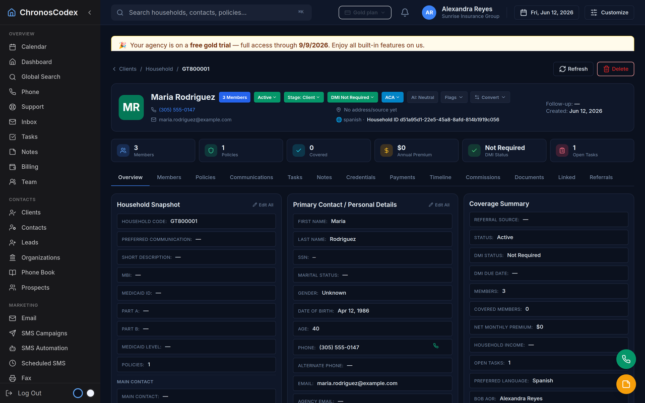 A household-centered CRM record with members, policies and coverage